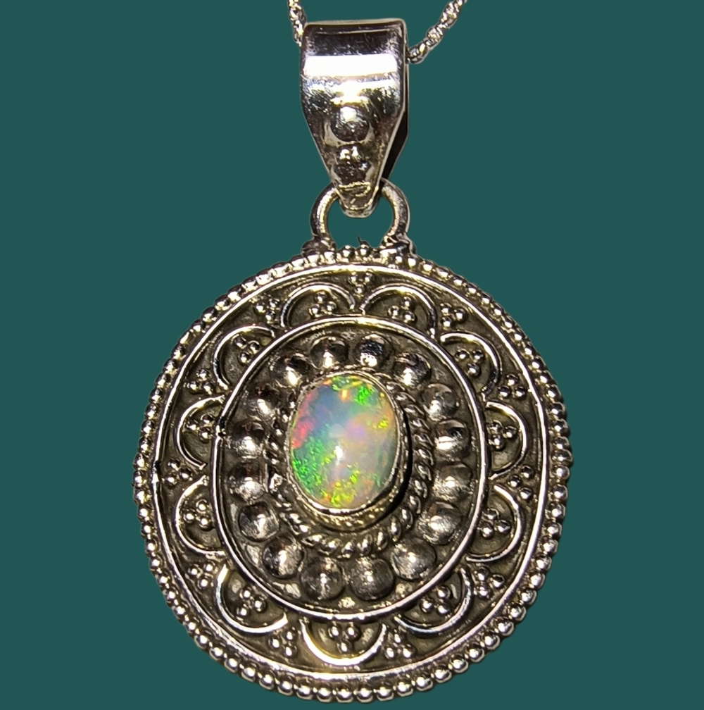 Natural Ethiopian Opal And Sterling Silver Bali Style  Pendant Necklace New